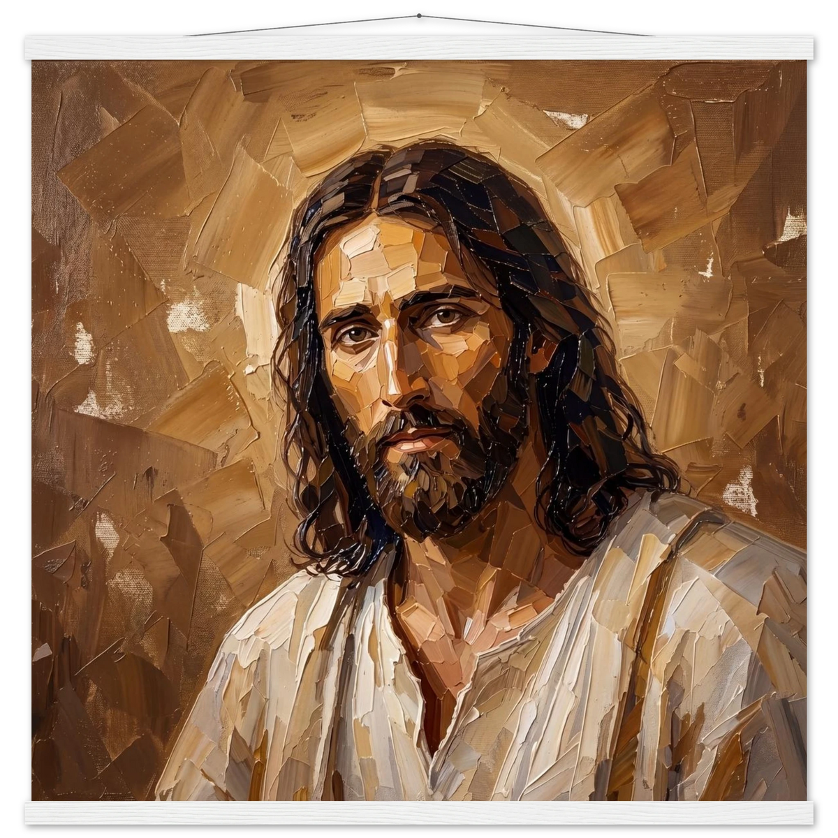 Kind Eyes: jesus, faith and serene gaze. Fine art poster with wooden hanger by The Light Stays.