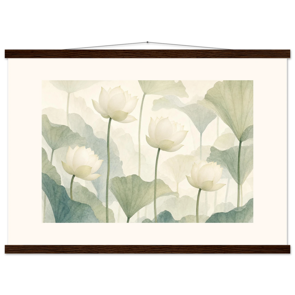 Ivory Lotus Screen, flowers and botanical. Archival fine art poster shown framed.