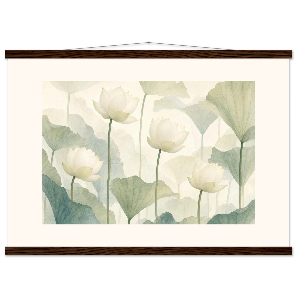 Ivory Lotus Screen, flowers and botanical. Archival fine art poster shown framed.