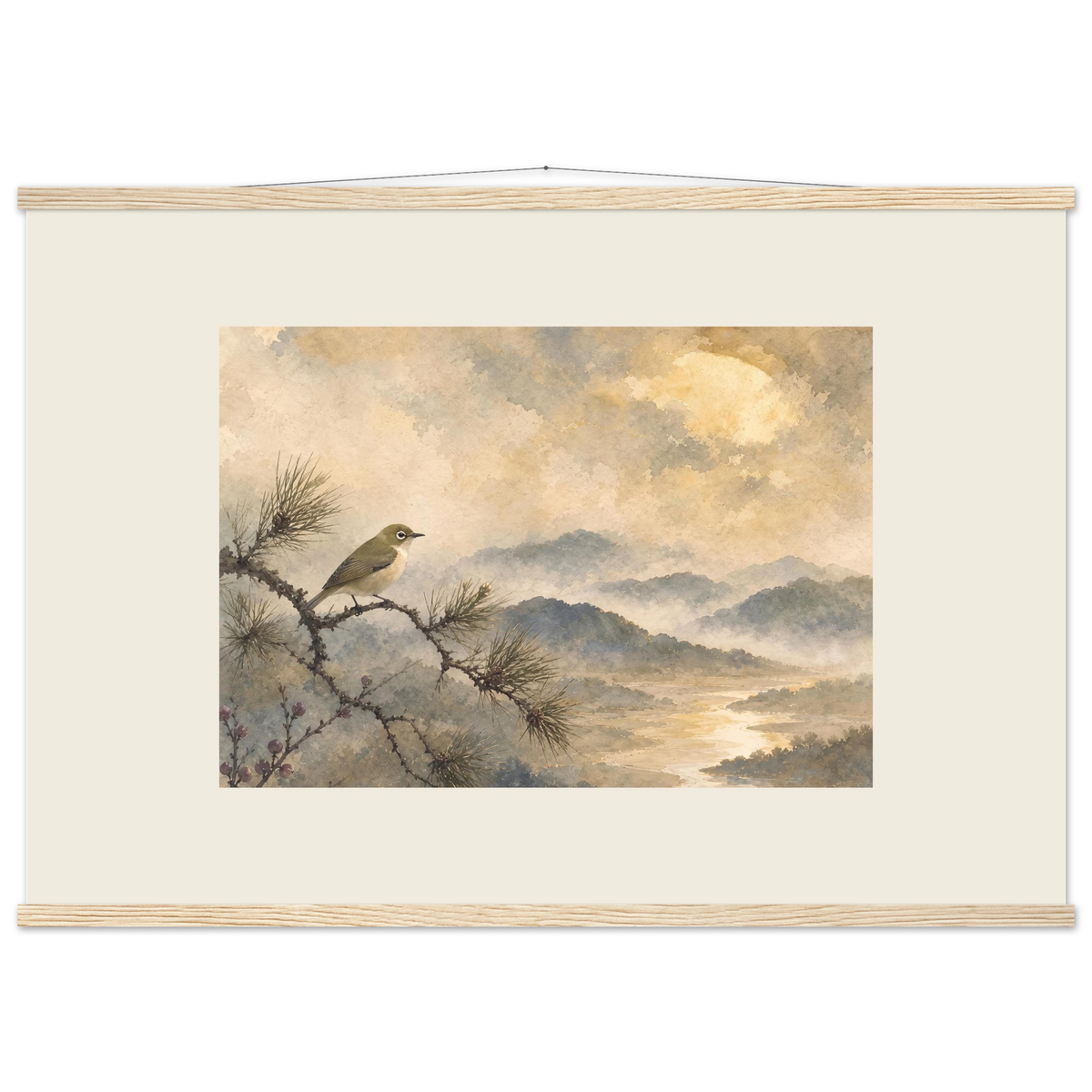 Golden Moon Bird: japanese art and japandi. Fine art poster by The Light Stays.