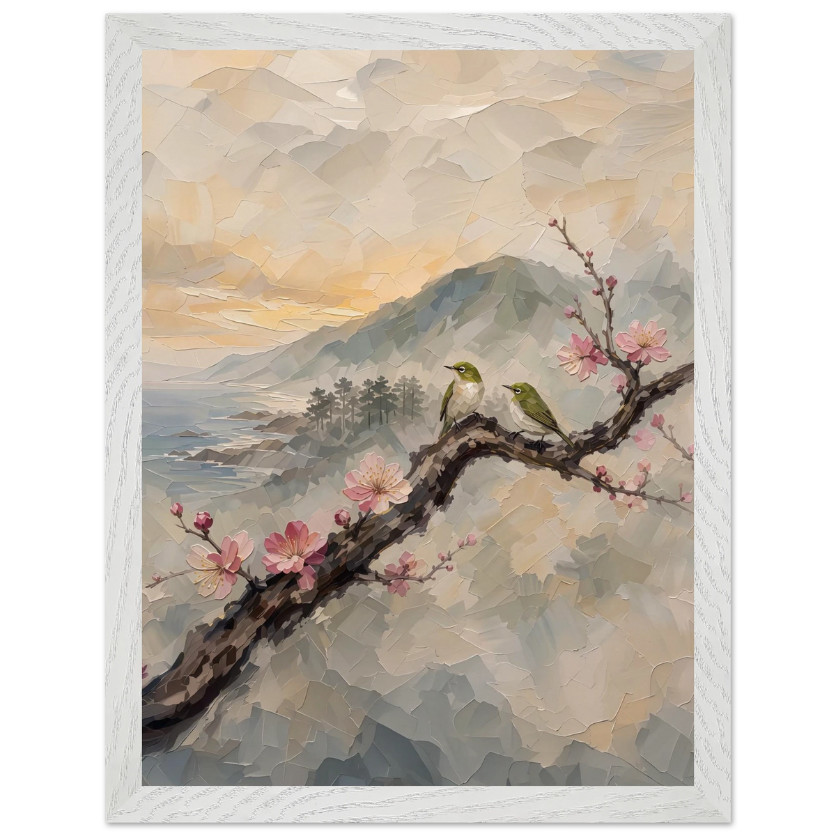 Plum Branch Pair: birds, japanese landscape and japandi. Framed fine art print by The Light Stays.