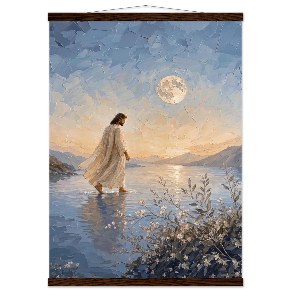 Upon the Waters: jesus, moon and night. Fine art poster with wooden hanger by The Light Stays.