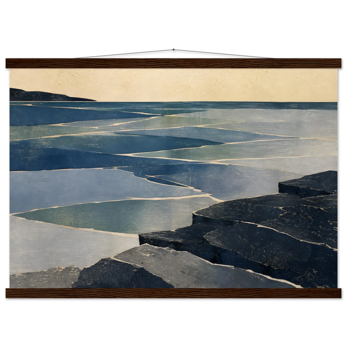 Indigo Tide: coastal landscape, jade water and japandi. Fine art poster with wooden hanger by The Light Stays.