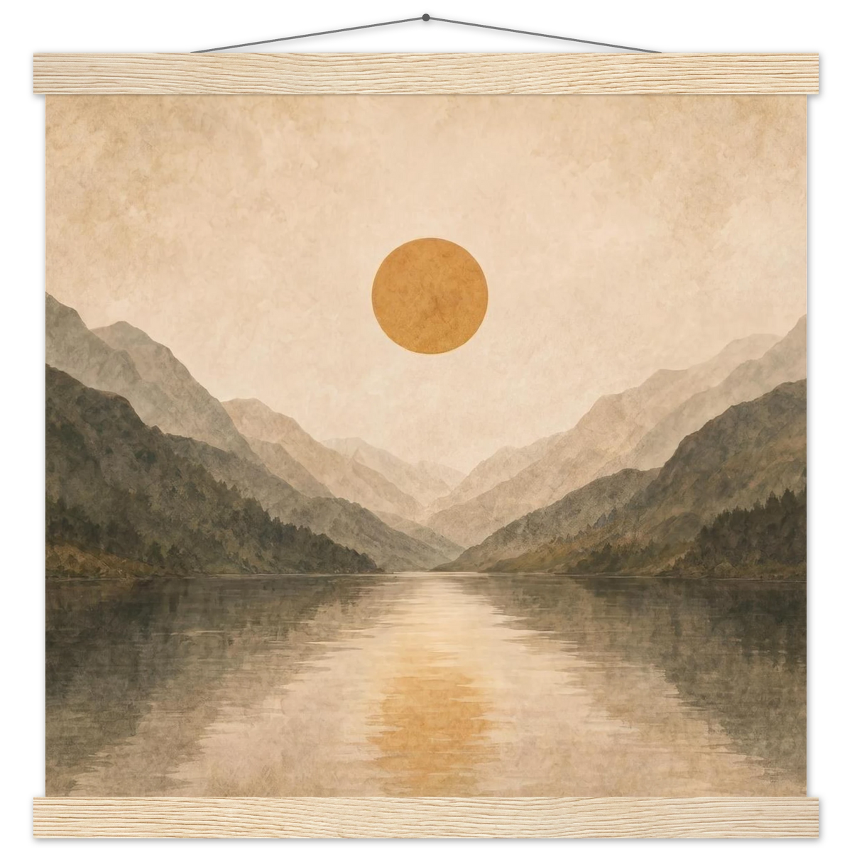 Lake Mirror: mountains, sunset and sun reflection. Fine art poster with wooden hanger by The Light Stays.