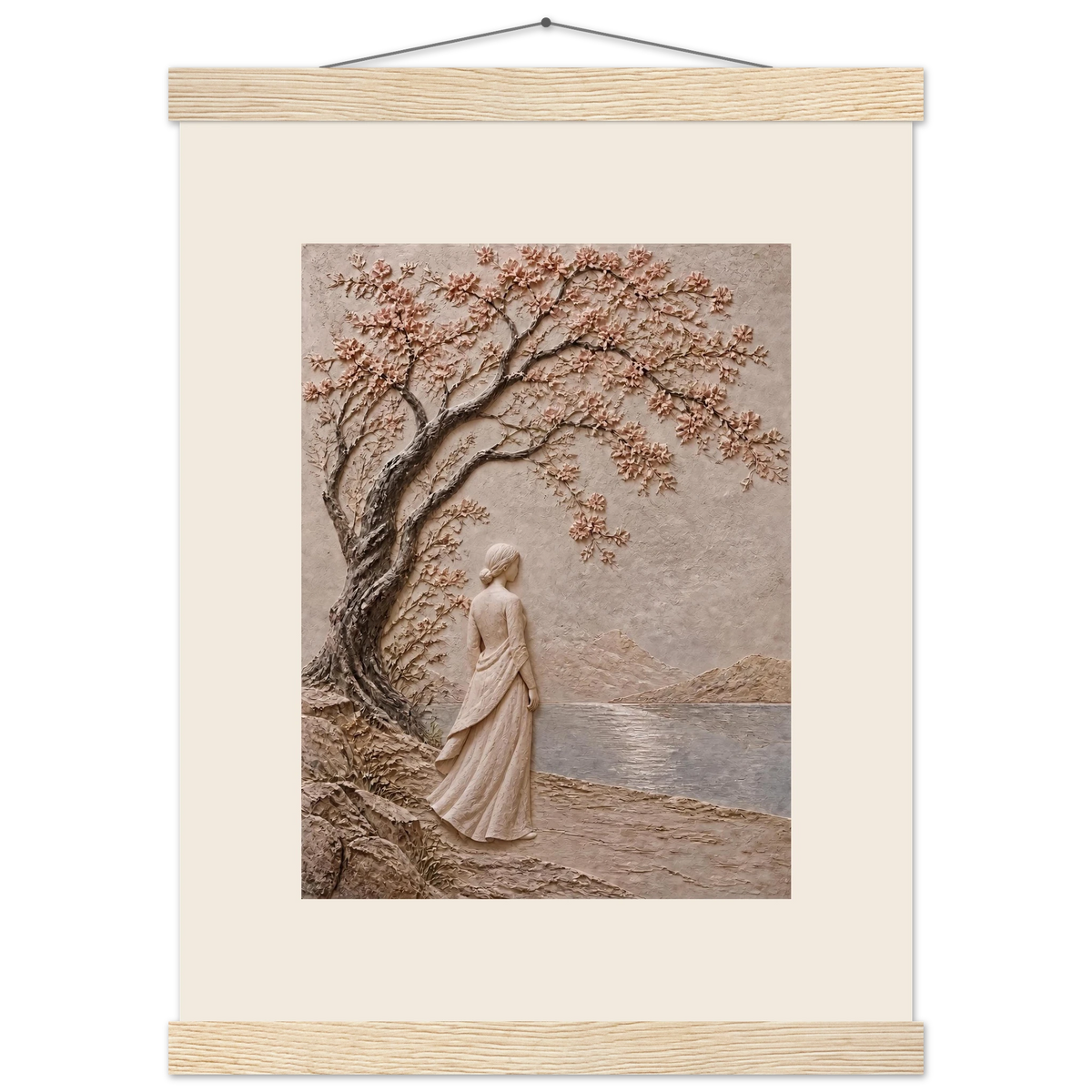 Spring Walk: impasto, lake and blossoming tree. Fine art poster.