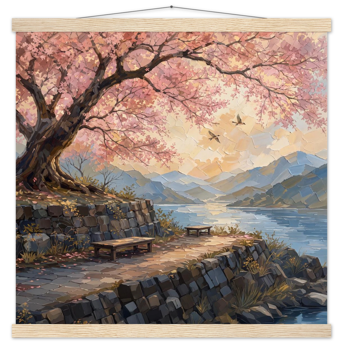 Cherry Blossom Lake: japanese art, sunset and japandi. Fine art poster with wooden hanger by The Light Stays.