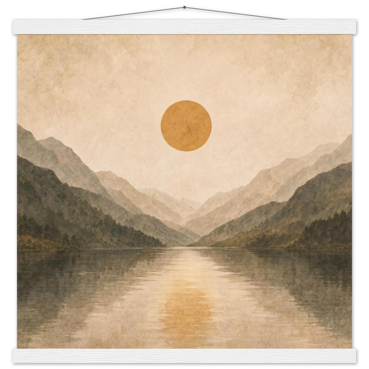 Lake Mirror: mountains, sunset and sun reflection. Fine art poster with wooden hanger by The Light Stays.