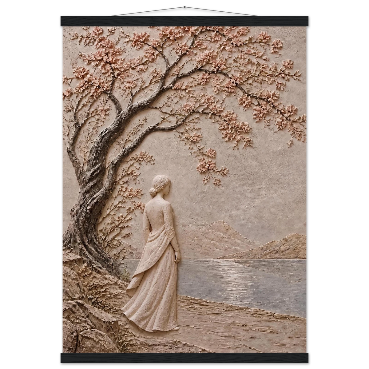 Spring Walk: impasto, lake and blossoming tree. Fine art poster by The Light Stays.