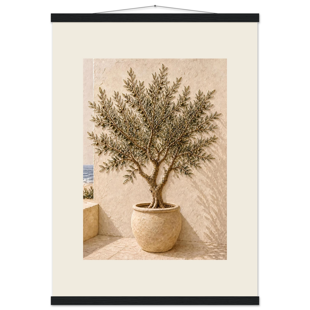 Olive Terrace, landscape and sun. Archival fine art poster shown framed.