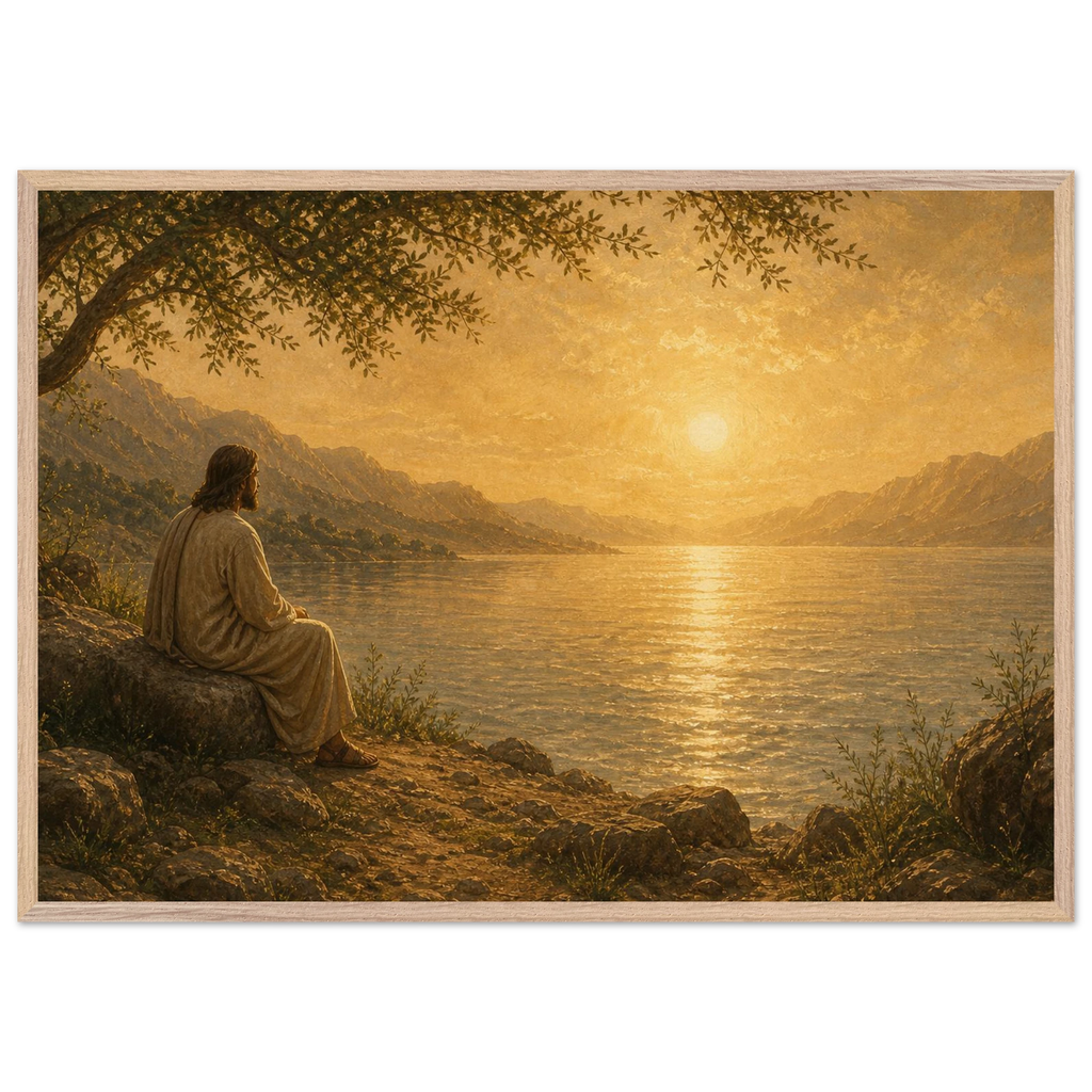 Quadro cristão Bênção do Lago, Jesus sob uma oliveira diante de um lago dourado