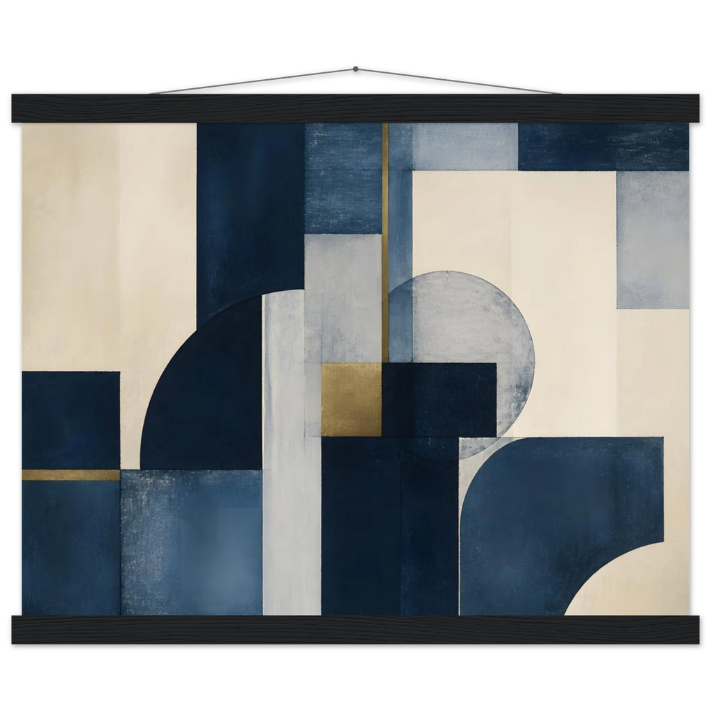 Blue Architecture: geometric abstract, blue and cream. Museum-quality fine art poster.