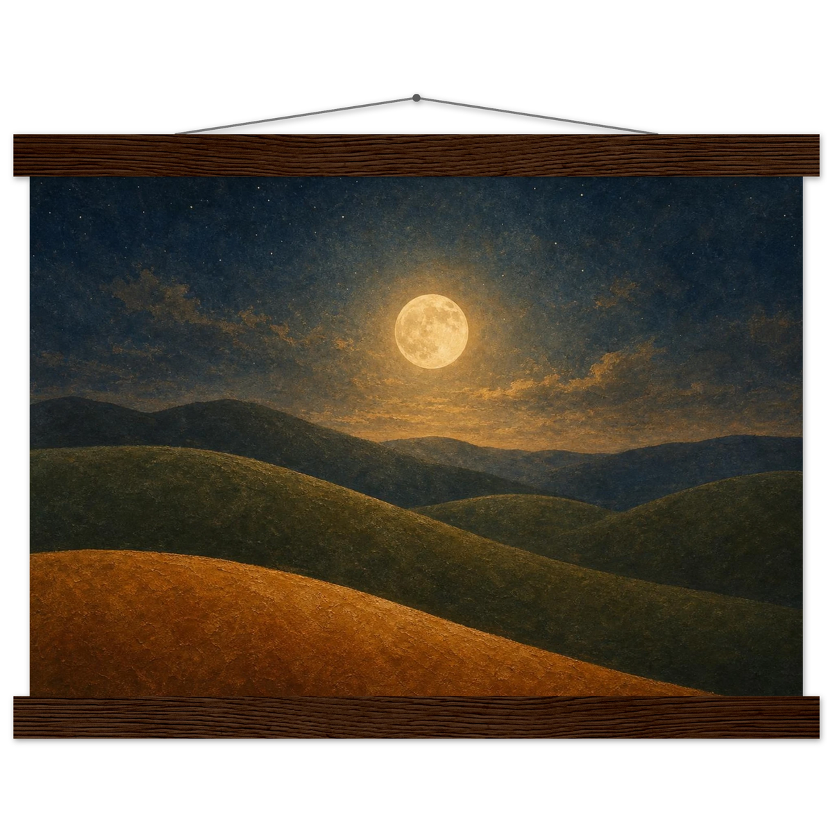Moon Hills: night, minimalist landscape and charcoal. Fine art poster with wooden hanger by The Light Stays.