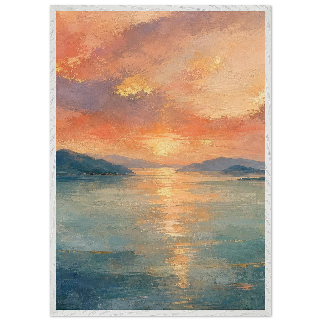 Setouchi Peach Dawn, riviera and japandi. Archival framed fine art print shown framed.