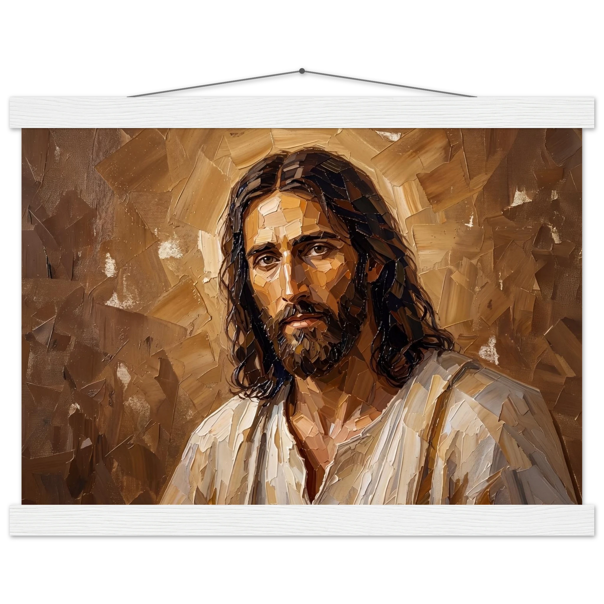 Kind Eyes: jesus, faith and serene gaze. Fine art poster with wooden hanger by The Light Stays.