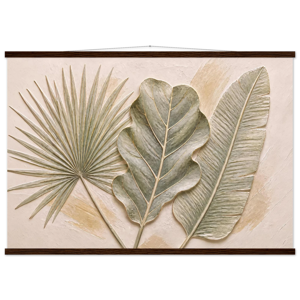 Three Leaves: botanical and nature. Fine art poster, alternate frame and size.