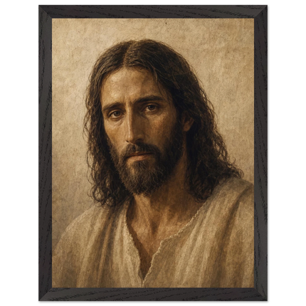 Pintura do rosto sereno de Cristo em retrato de tons quentes sobre papel texturizado, em quadro emoldurado