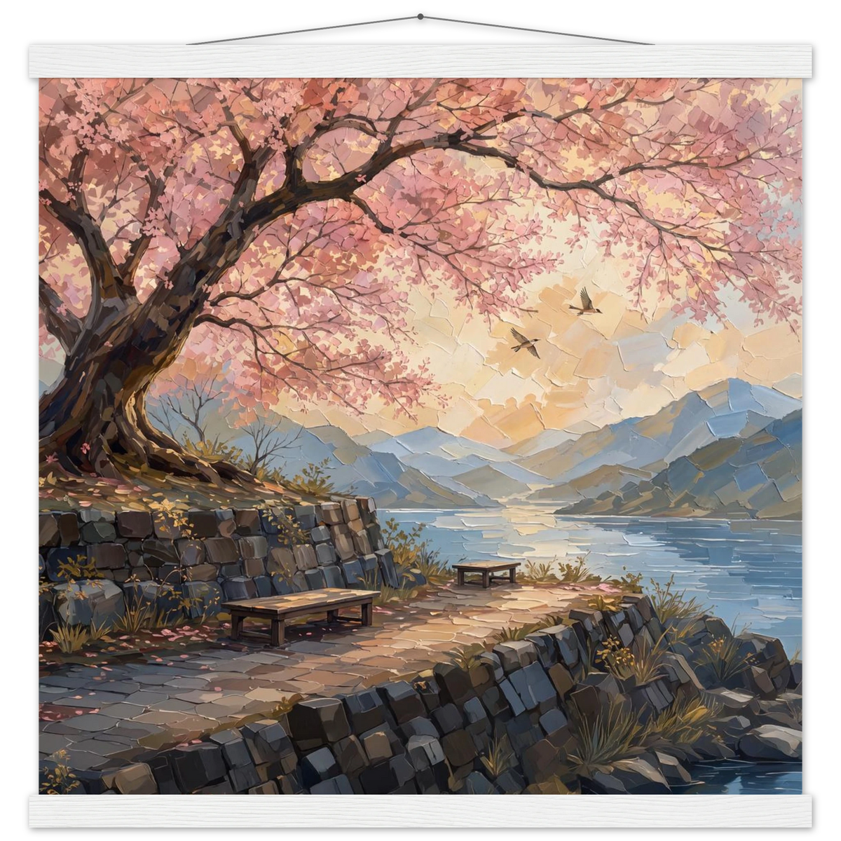 Cherry Blossom Lake: japanese art, sunset and japandi. Fine art poster with wooden hanger by The Light Stays.
