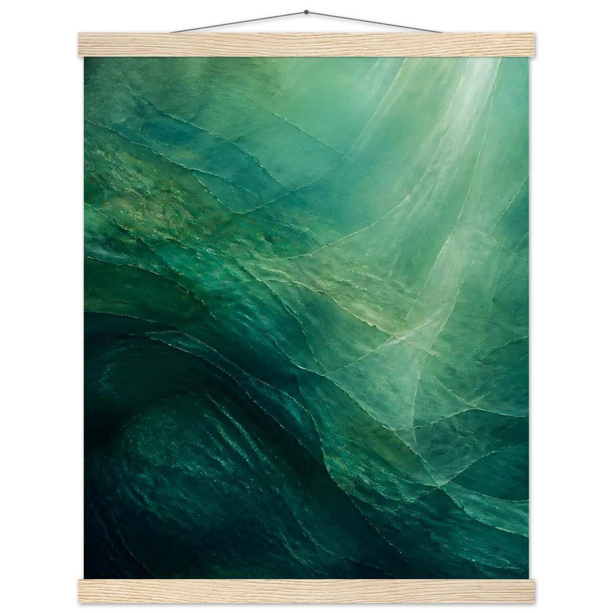 Jade Undertow: ocean, marine abstract and mineral green. Fine art poster with wooden hanger by The Light Stays.