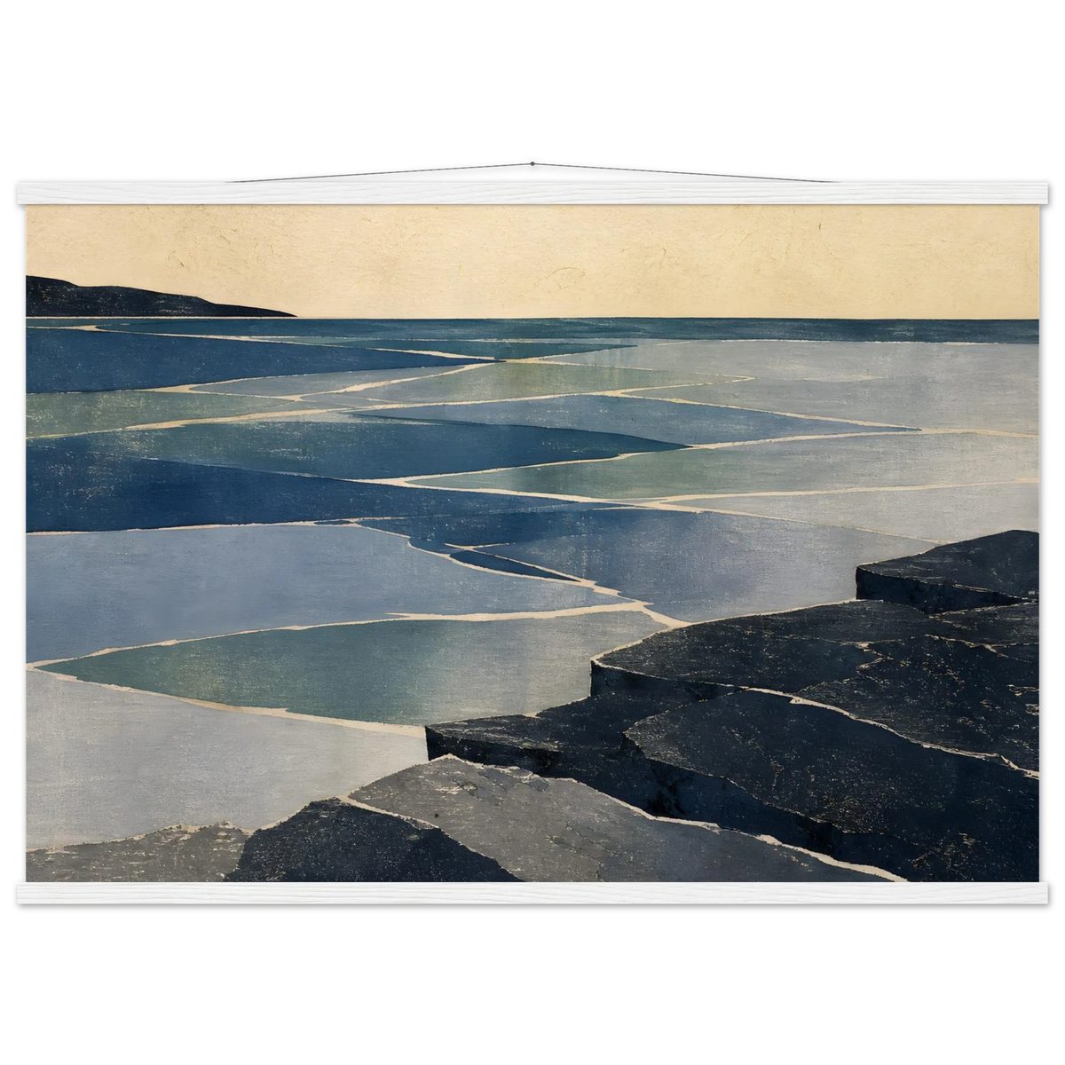 Indigo Tide: coastal landscape, jade water and japandi. Fine art poster with wooden hanger by The Light Stays.
