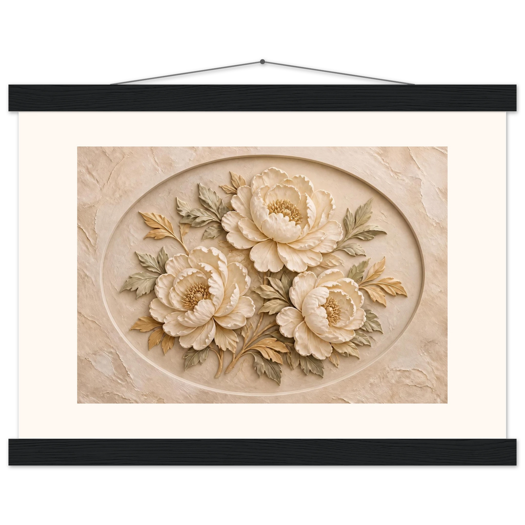 Peonies in Stone, flowers and botanical. Archival fine art poster shown framed.