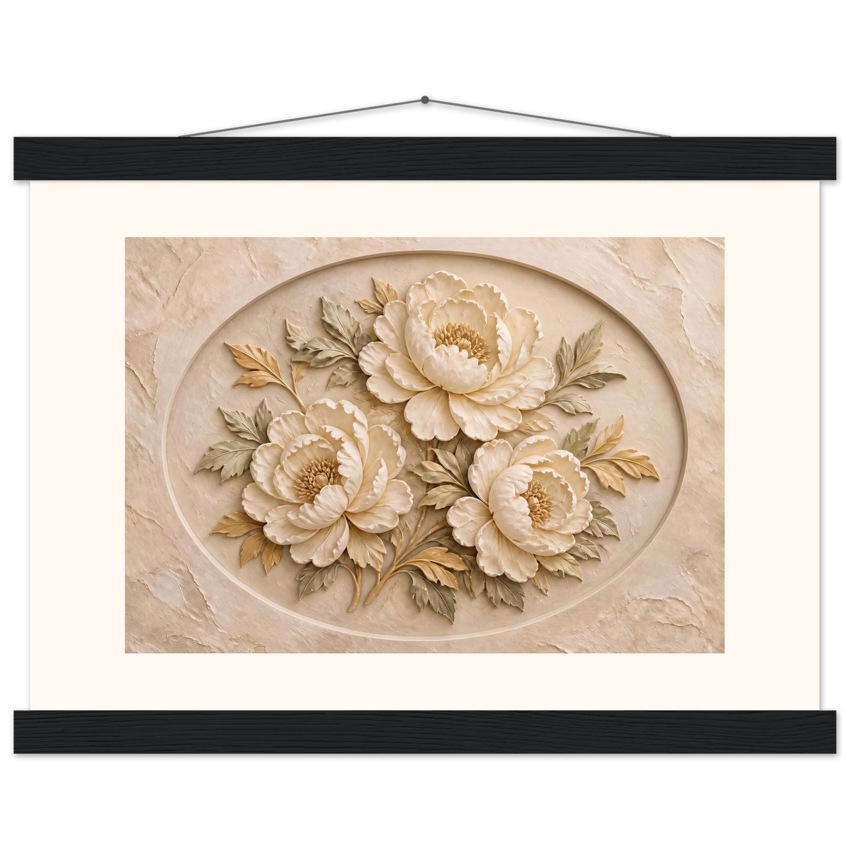 Peonies in Stone, flowers and botanical. Archival fine art poster shown framed.