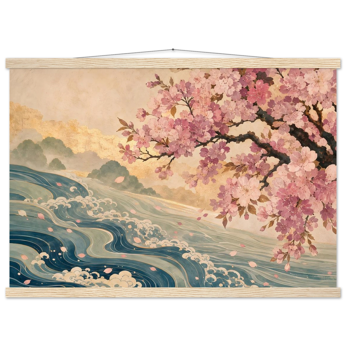 Blossom Tide: japanese art, cherry blossom and wave. Fine art poster with wooden hanger by The Light Stays.