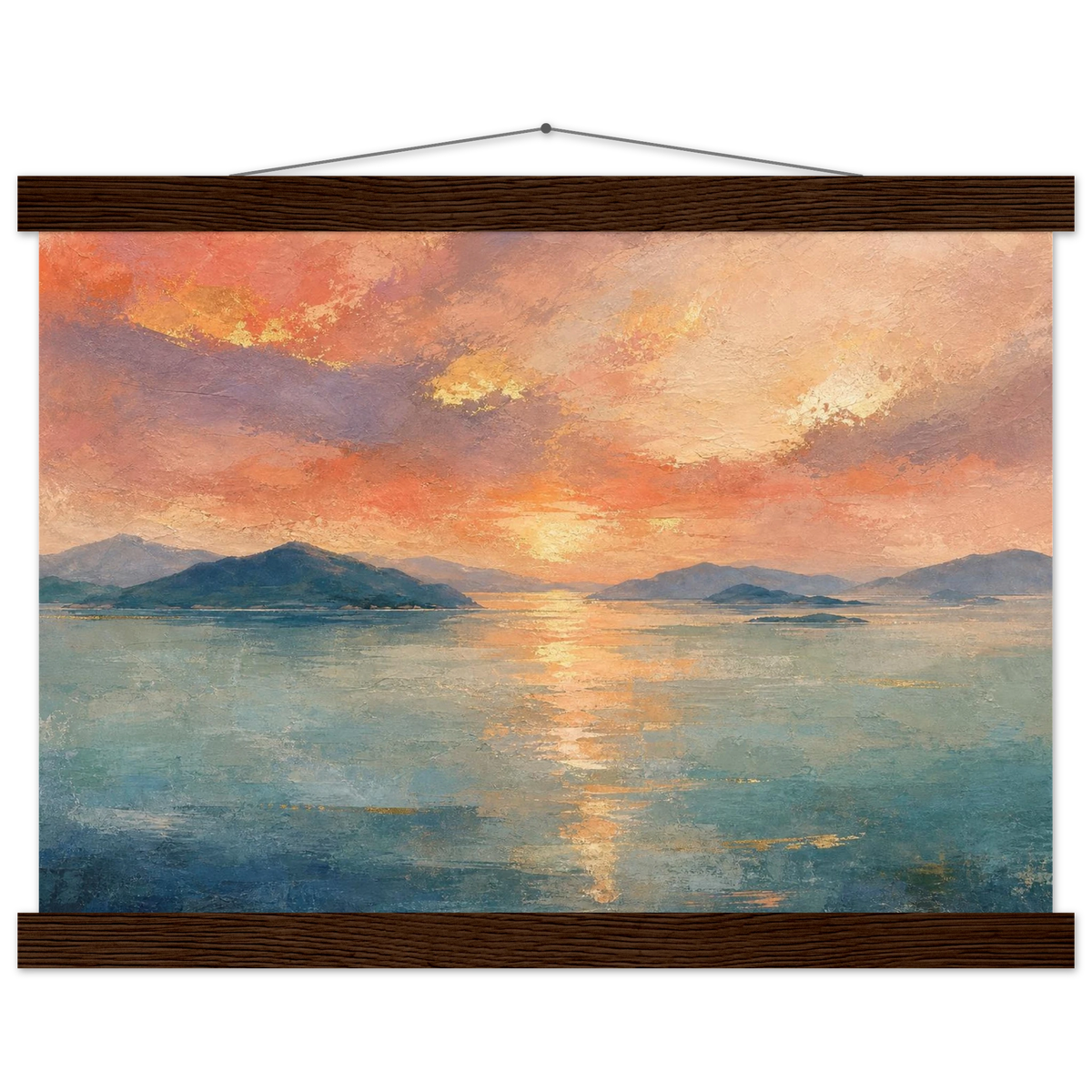 Setouchi Peach Dawn: inland sea, islands and golden reflection. Fine art poster with wooden hanger by The Light Stays.