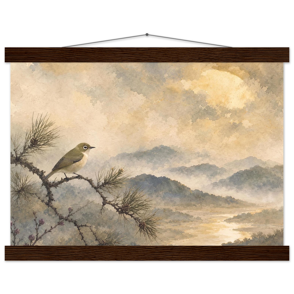Golden Moon Bird: japanese art and japandi. Fine art poster by The Light Stays.