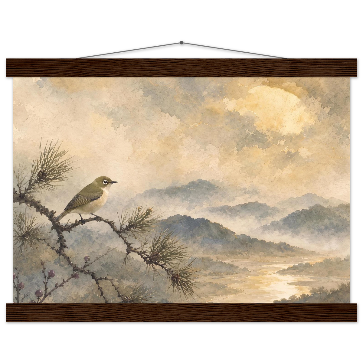 Golden Moon Bird: japanese art and japandi. Fine art poster by The Light Stays.