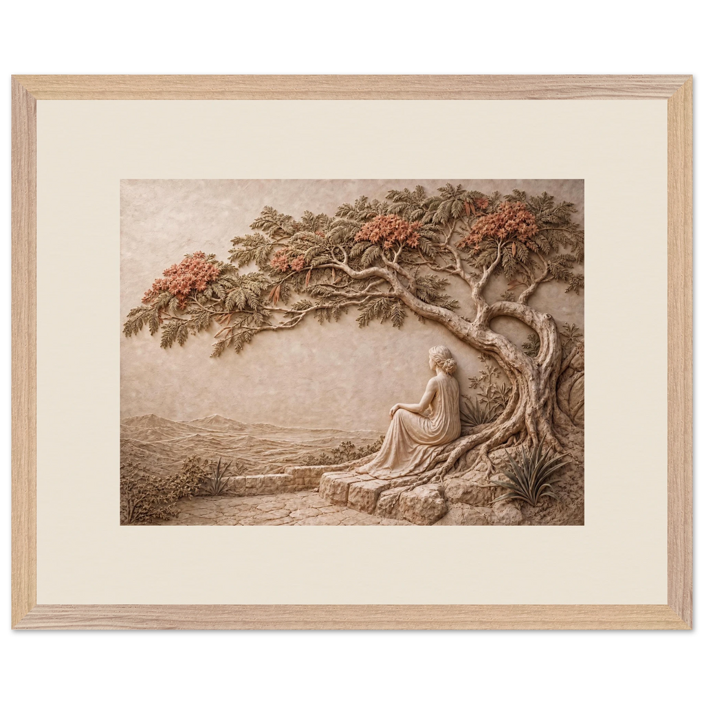 Under the Blossoms: impasto, figure and blossoming canopy. Framed fine art print, alternate frame and size.