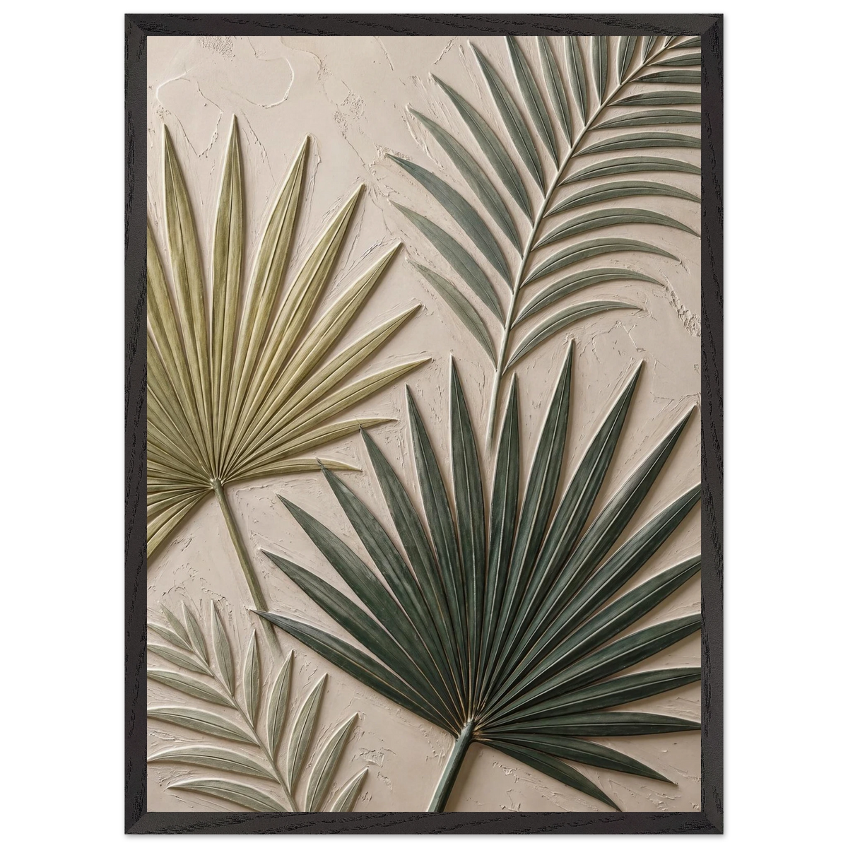 Carved Fronds: impasto, leaves and sand tones. Framed fine art print, alternate frame and size.