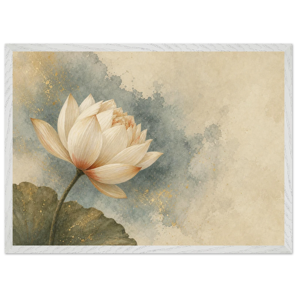 First Lotus Light, flowers and botanical. Archival framed fine art print shown framed.