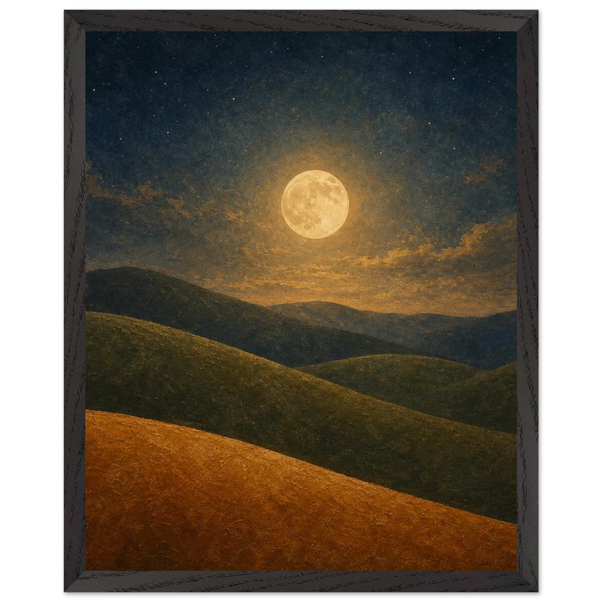 Moon Hills: night, minimalist landscape and charcoal. Framed fine art print by The Light Stays.
