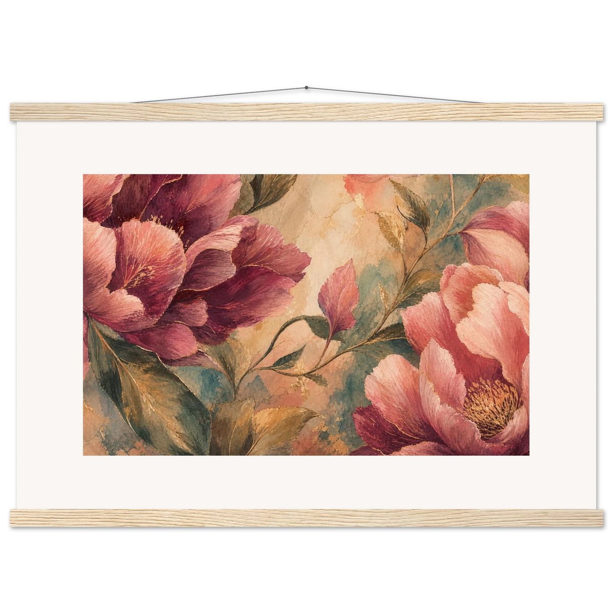 Crimson Peonies, flowers and botanical. Archival fine art poster shown framed.