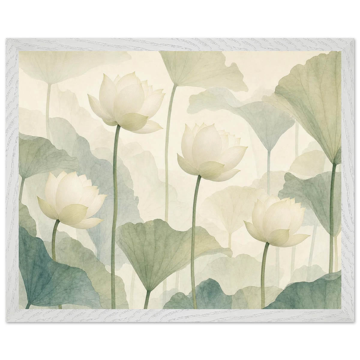 Ivory Lotus Screen, flowers and botanical. Archival framed fine art print shown framed.