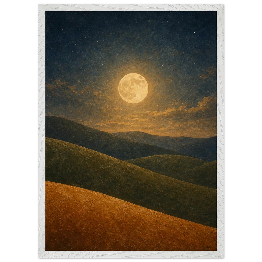 Quadro emoldurado Colinas da Lua, lua cheia sobre colinas em oliva e argila