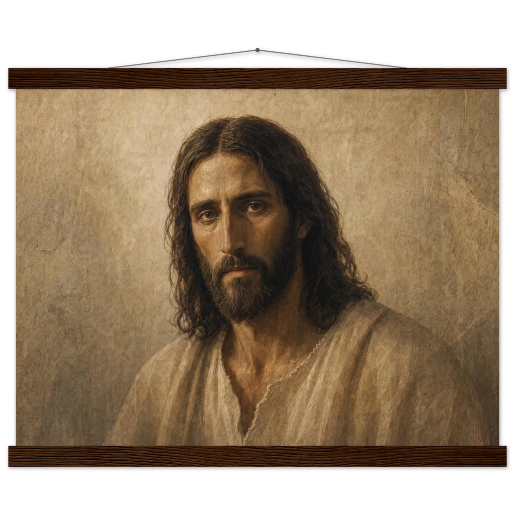 Pôster Kind Eyes com suporte de madeira, retrato sereno de Jesus em luz quente