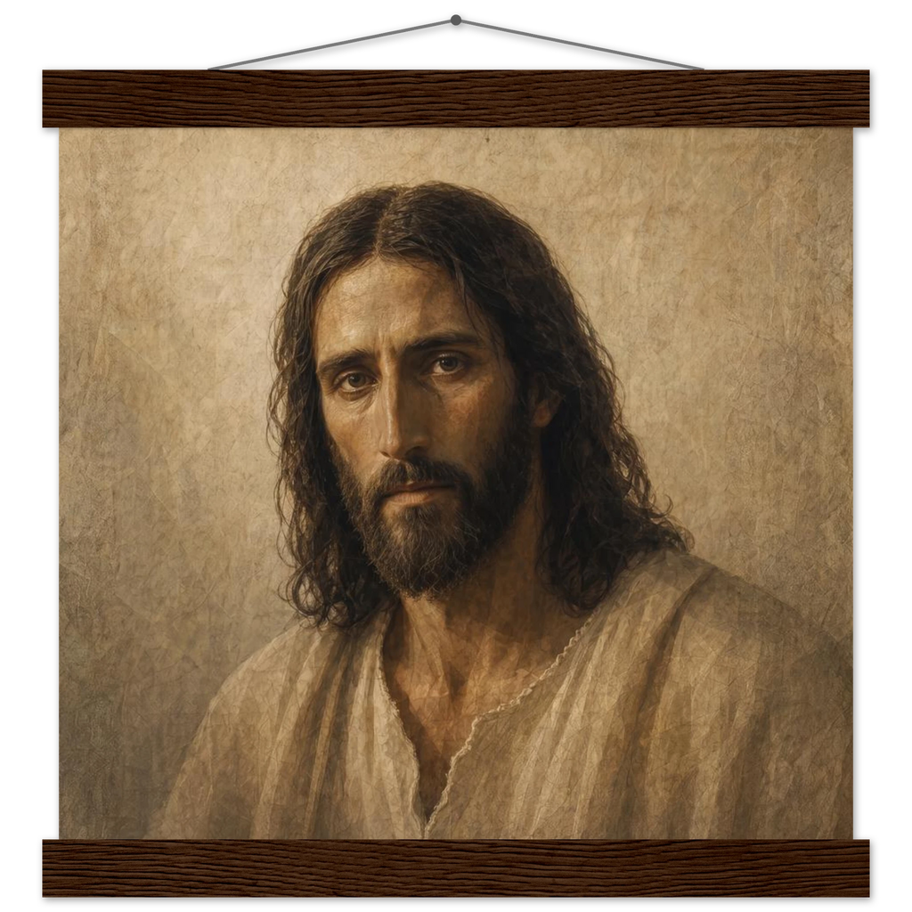 Pôster Kind Eyes com suporte de madeira, retrato sereno de Jesus em luz quente