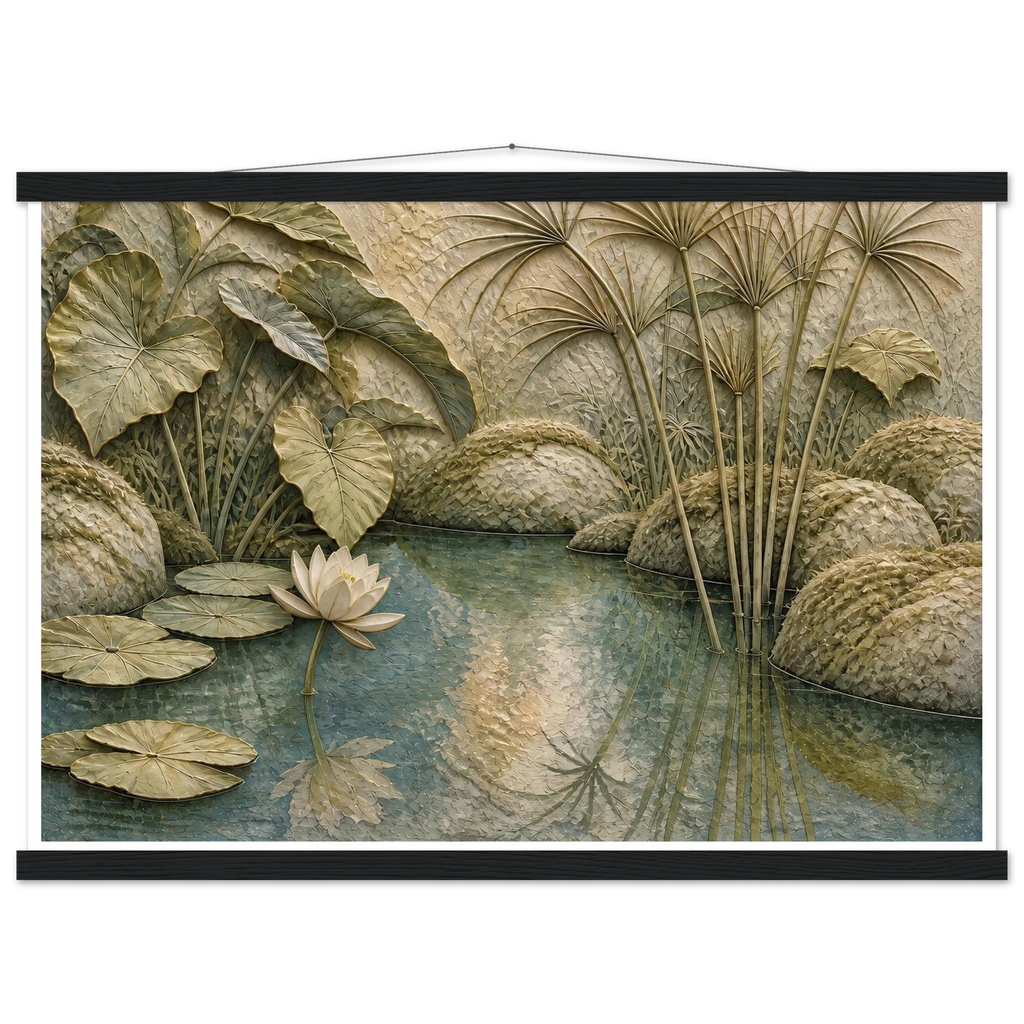 Papyrus Pond, lake, papyrus and serene greens. Archival fine art poster shown framed.