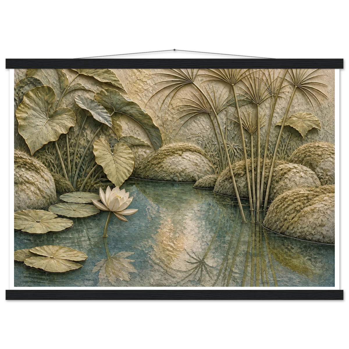 Papyrus Pond, lake, papyrus and serene greens. Archival fine art poster shown framed.