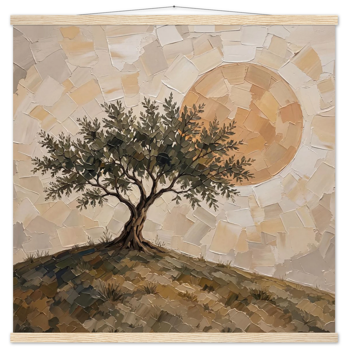 Olive Noon: hills, botanical and golden tones. Fine art poster with wooden hanger by The Light Stays.