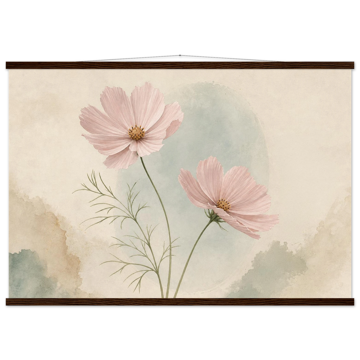 Cosmos Unison: flowers, blush and celadon. Fine art poster with wooden hanger by The Light Stays.