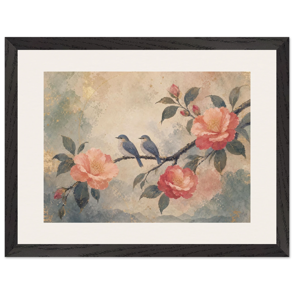 Camellia Birds: flowers and botanical. Framed fine art print.