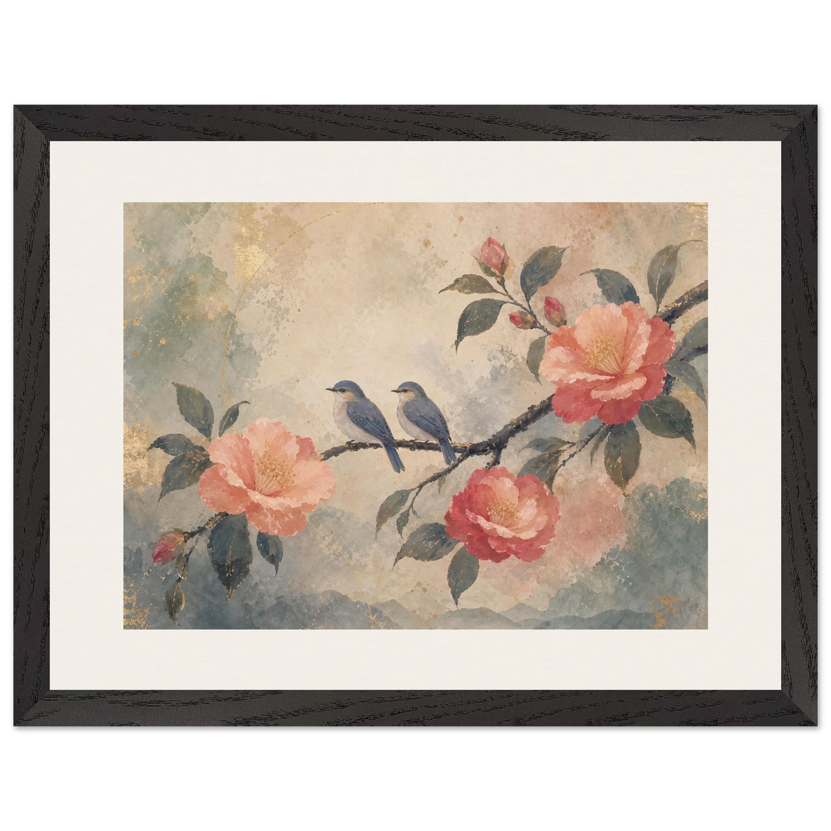 Camellia Birds: flowers and botanical. Framed fine art print.