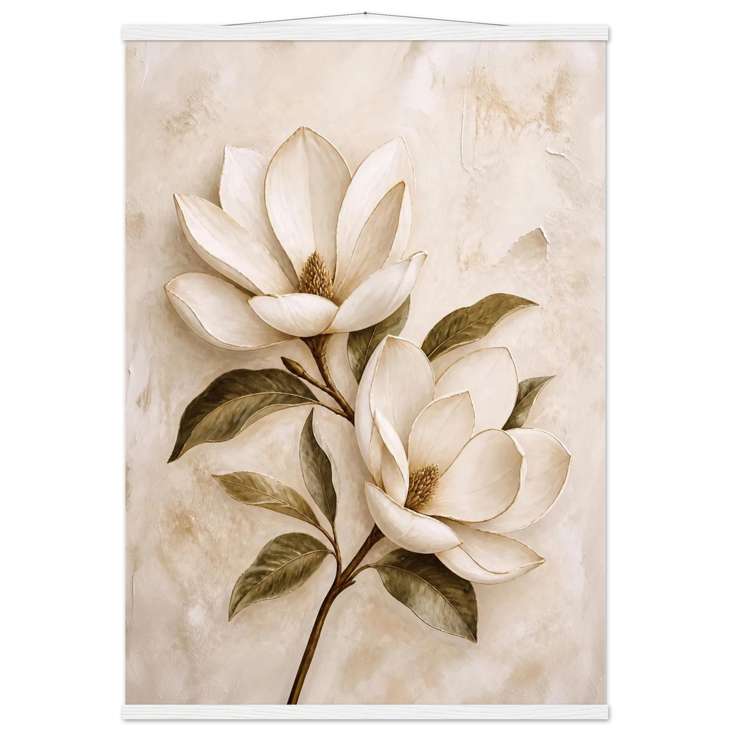Gilded Magnolia, flowers and botanical. Archival fine art poster shown framed.