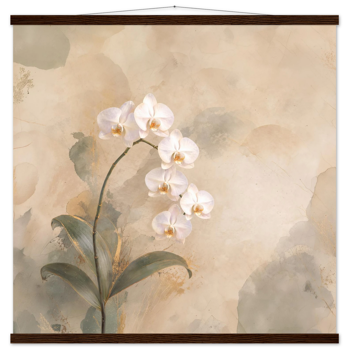 Orchid Luminance: botanical, pale gold and floral art. Fine art poster with wooden hanger by The Light Stays.