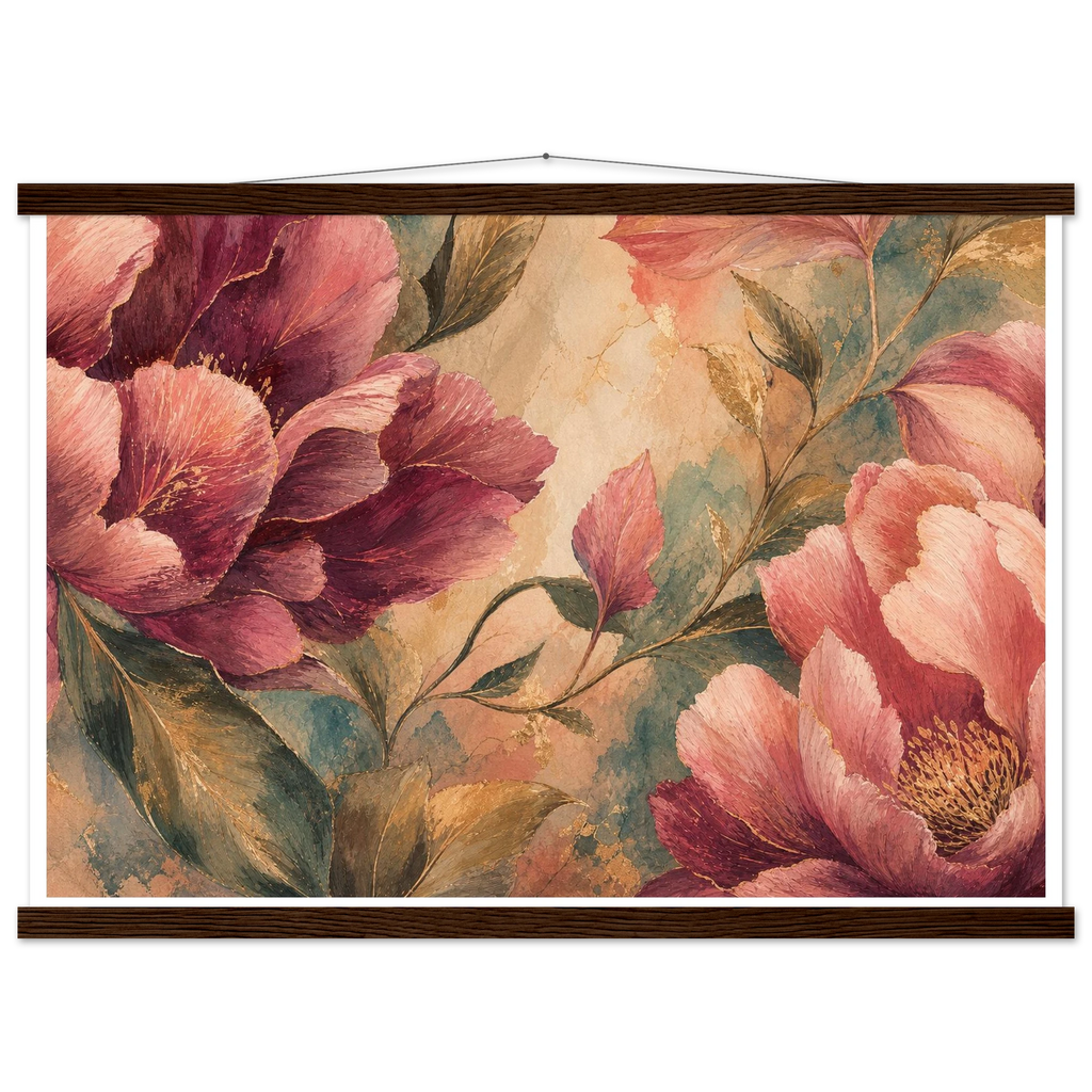 Crimson Peonies: flowers and botanical. Fine art poster, alternate frame and size.