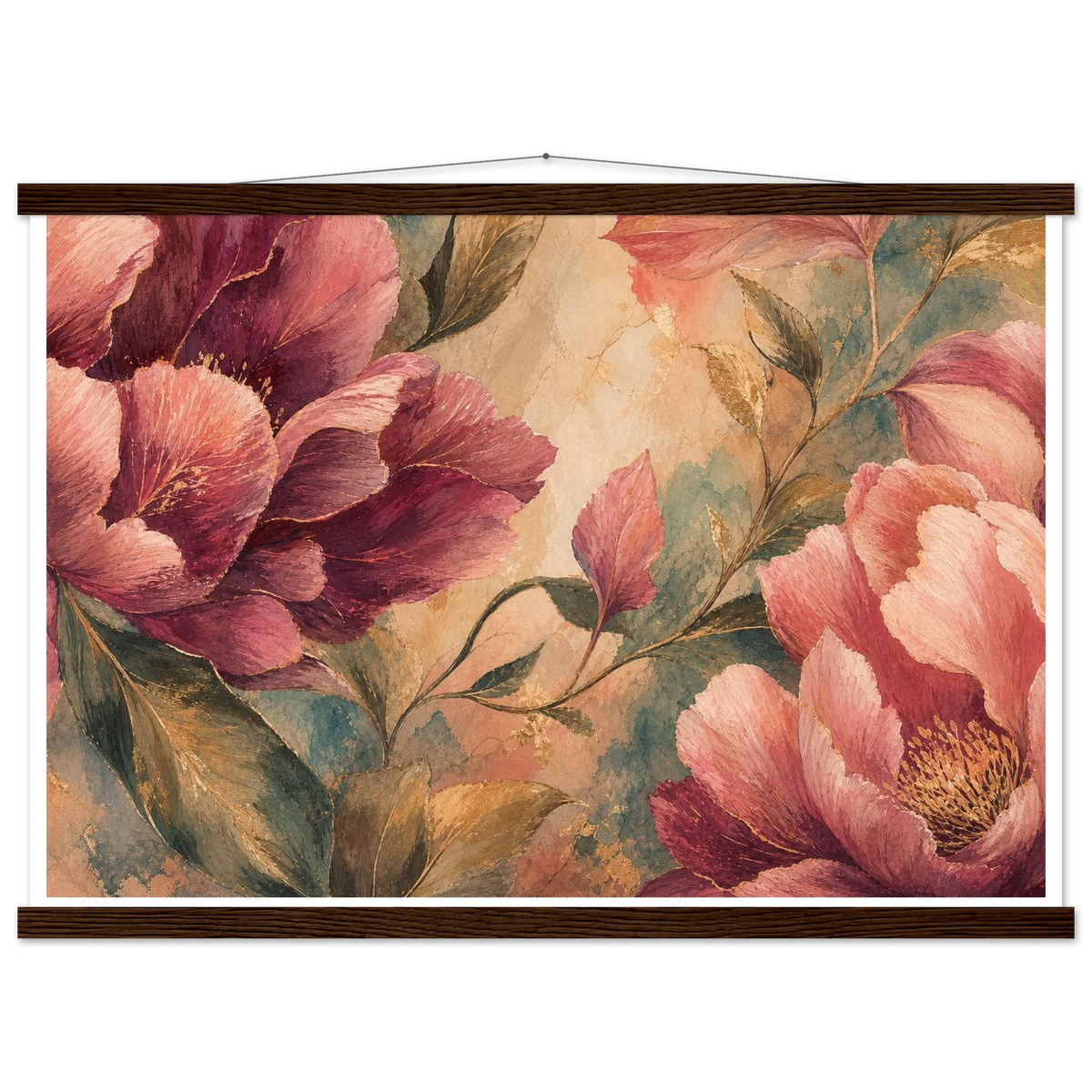Crimson Peonies: flowers and botanical. Fine art poster, alternate frame and size.