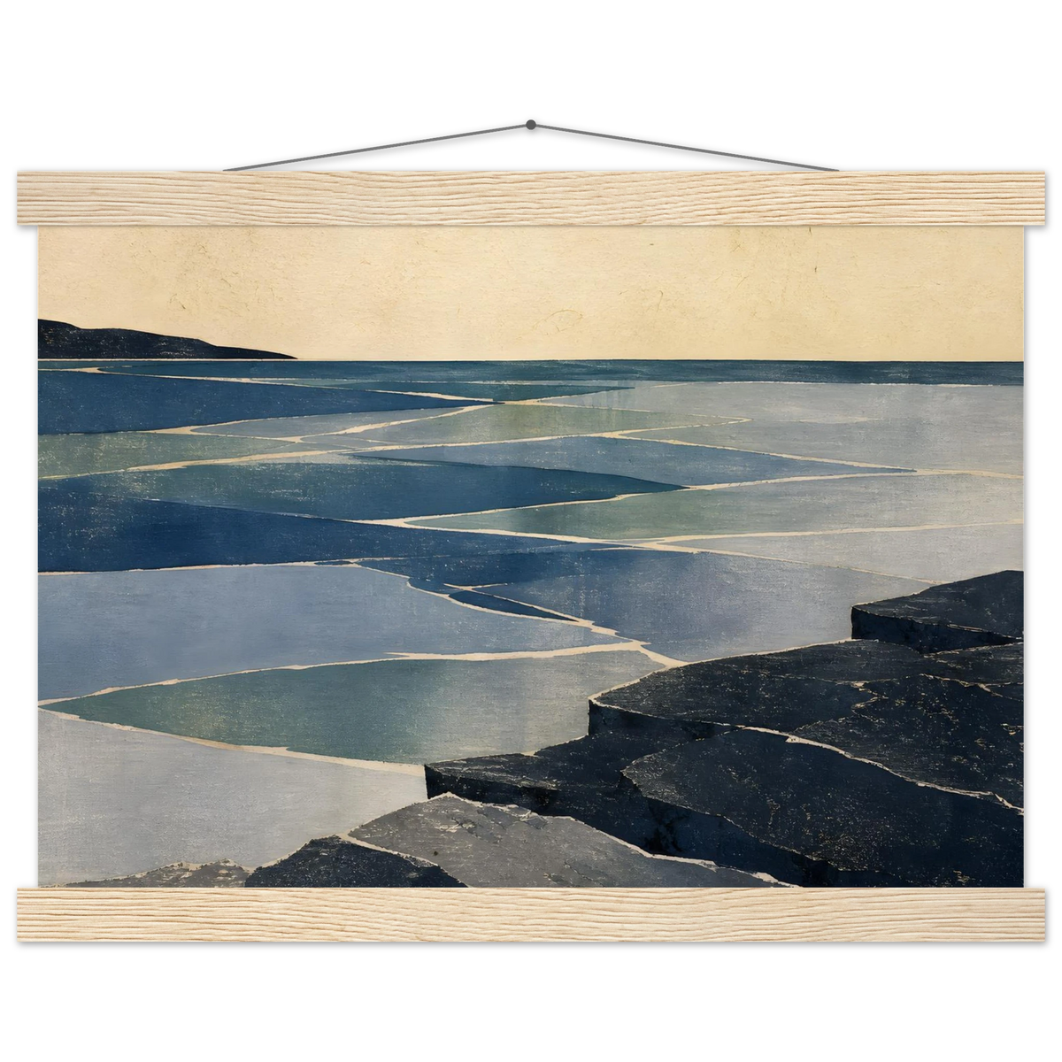 Indigo Tide: coastal landscape, jade water and japandi. Fine art poster with wooden hanger by The Light Stays.