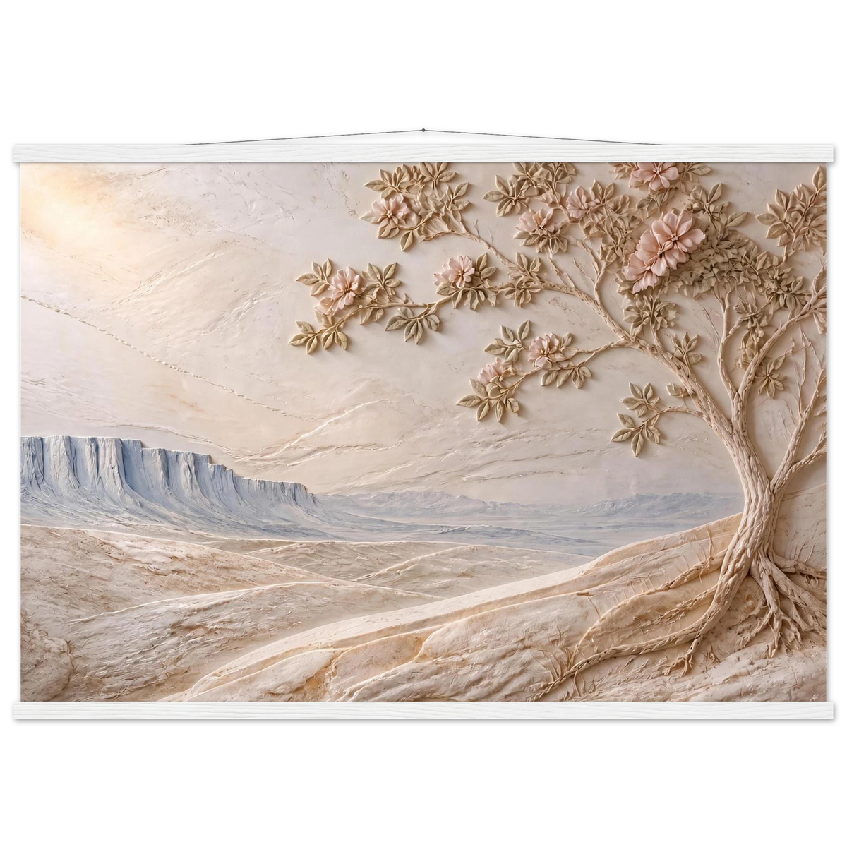 Cliffside Bloom, petra and flora. Archival fine art poster shown framed.